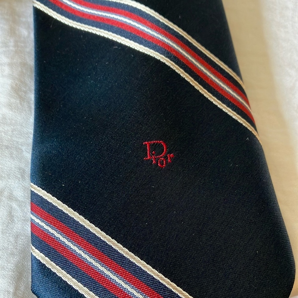Christian Dior: Classic Navy Striped Tie- Made in USA - Picture 13 of 16